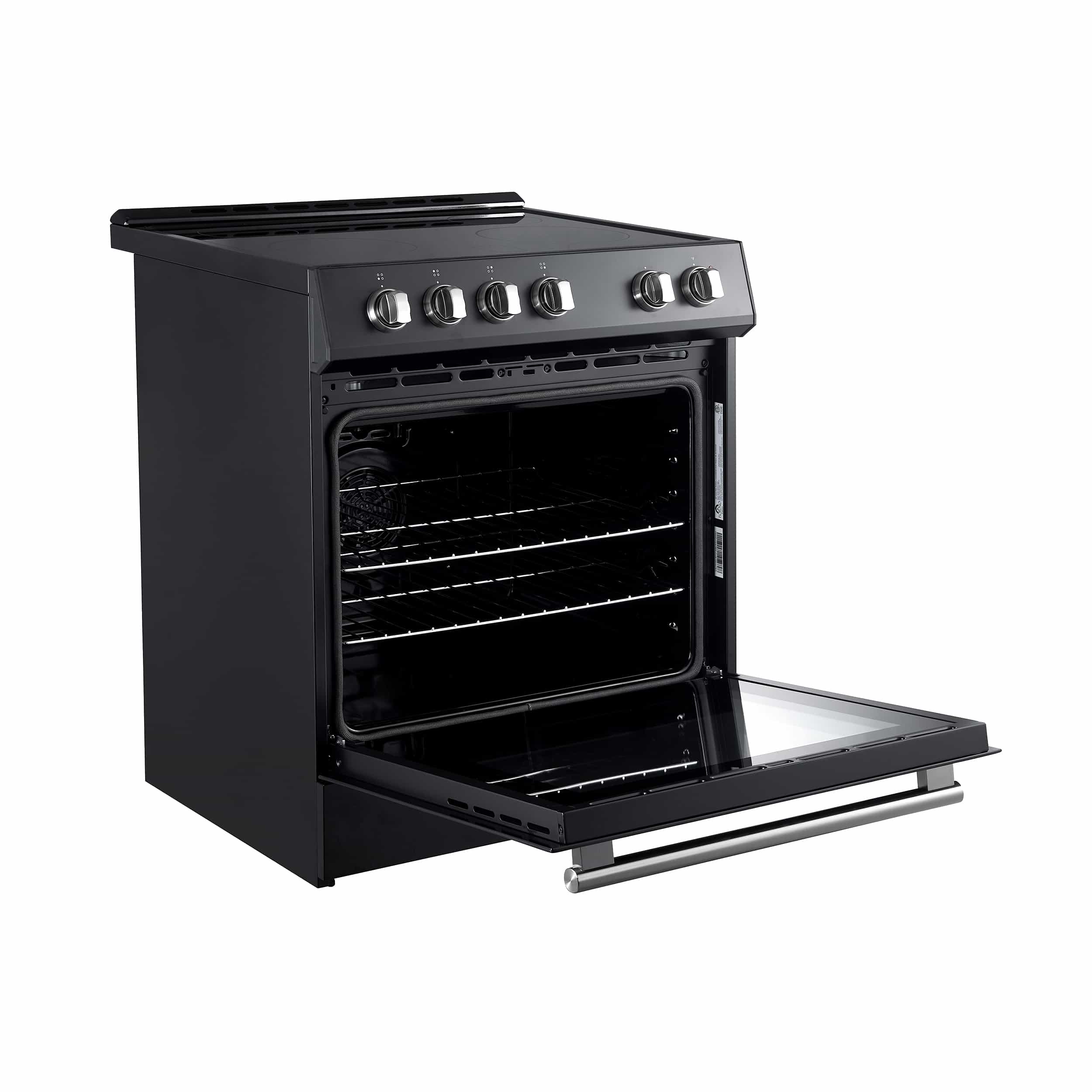 Black electric range with stainless control knobs and open oven door, wire rack