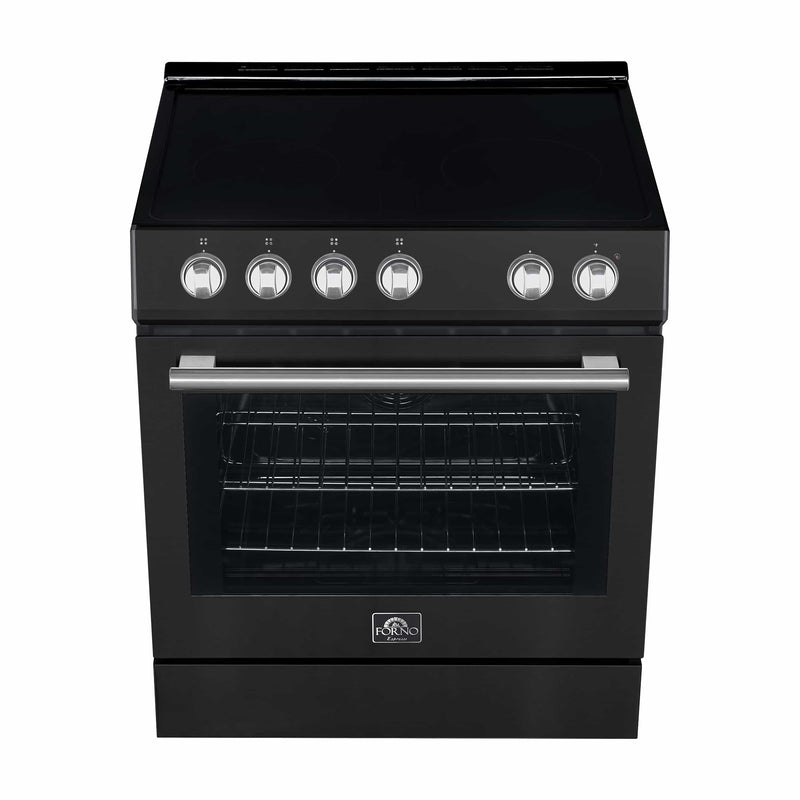 Forno Espresso 4-Piece Appliance Package - 30-Inch Electric Range, Under Cabinet Range Hood, Refrigerator and Dishwasher in Black with Brass Handle
