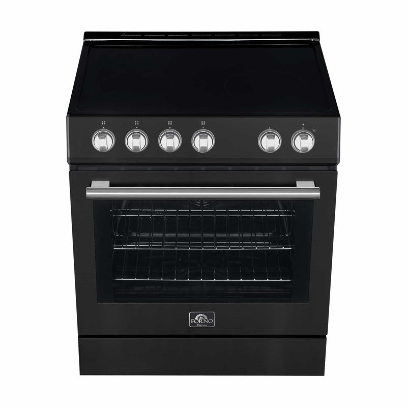 Forno Espresso 4-Piece Appliance Package - 30-Inch Electric Range, Under Cabinet Range Hood, Refrigerator and Dishwasher in Black with Antique Brass Trim