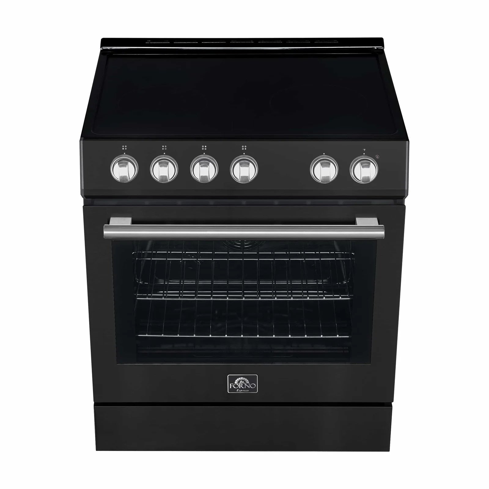 Black electric range with oven window and front control knobs, antique brass accents