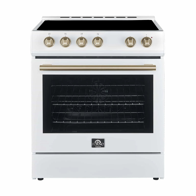 Forno Espresso 2-Piece Appliance Package - 30-Inch Electric Range with 5.0 Cu.Ft. Electric Oven and Refrigerator in White with Brass Handle