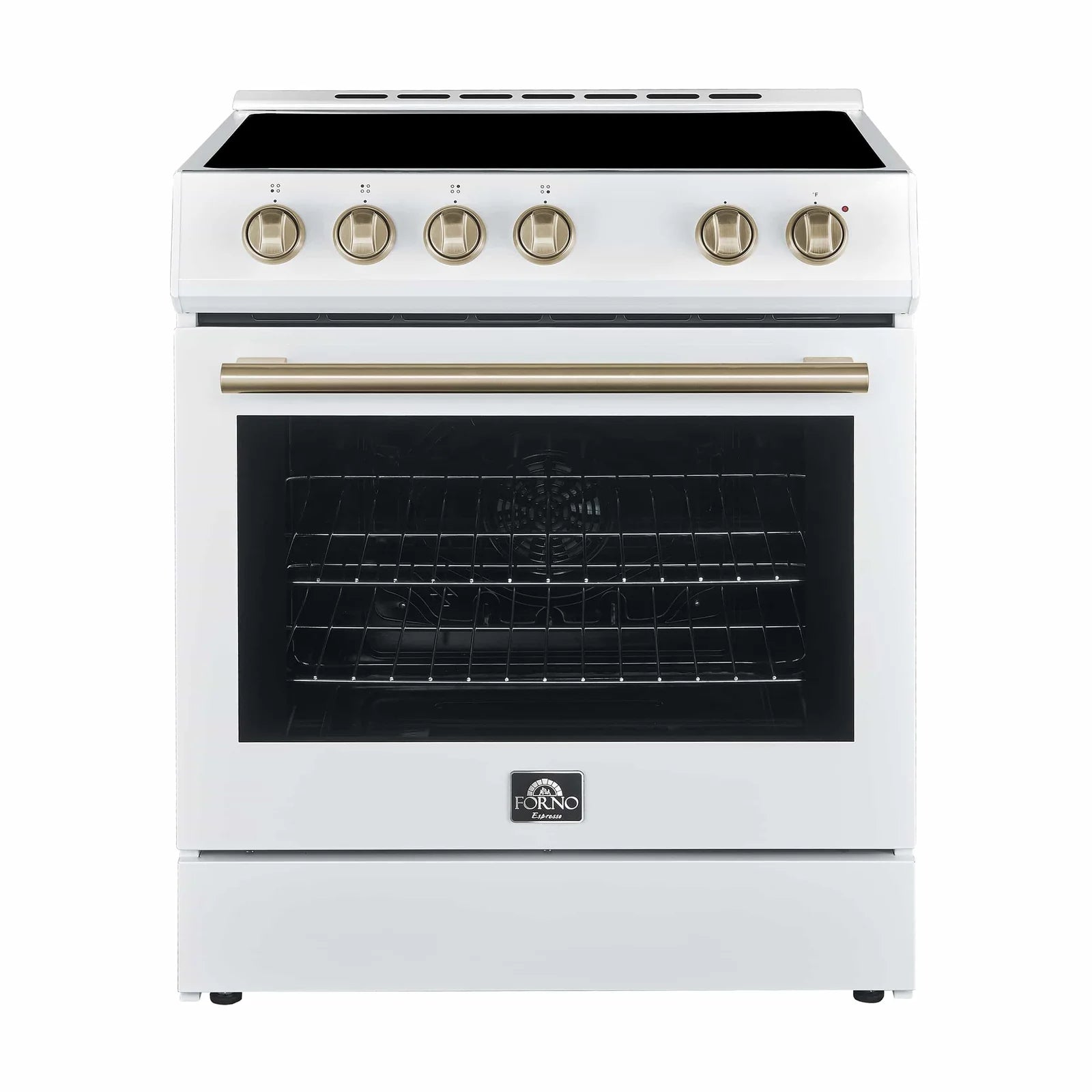 White electric range with brass knob controls and black glass oven door