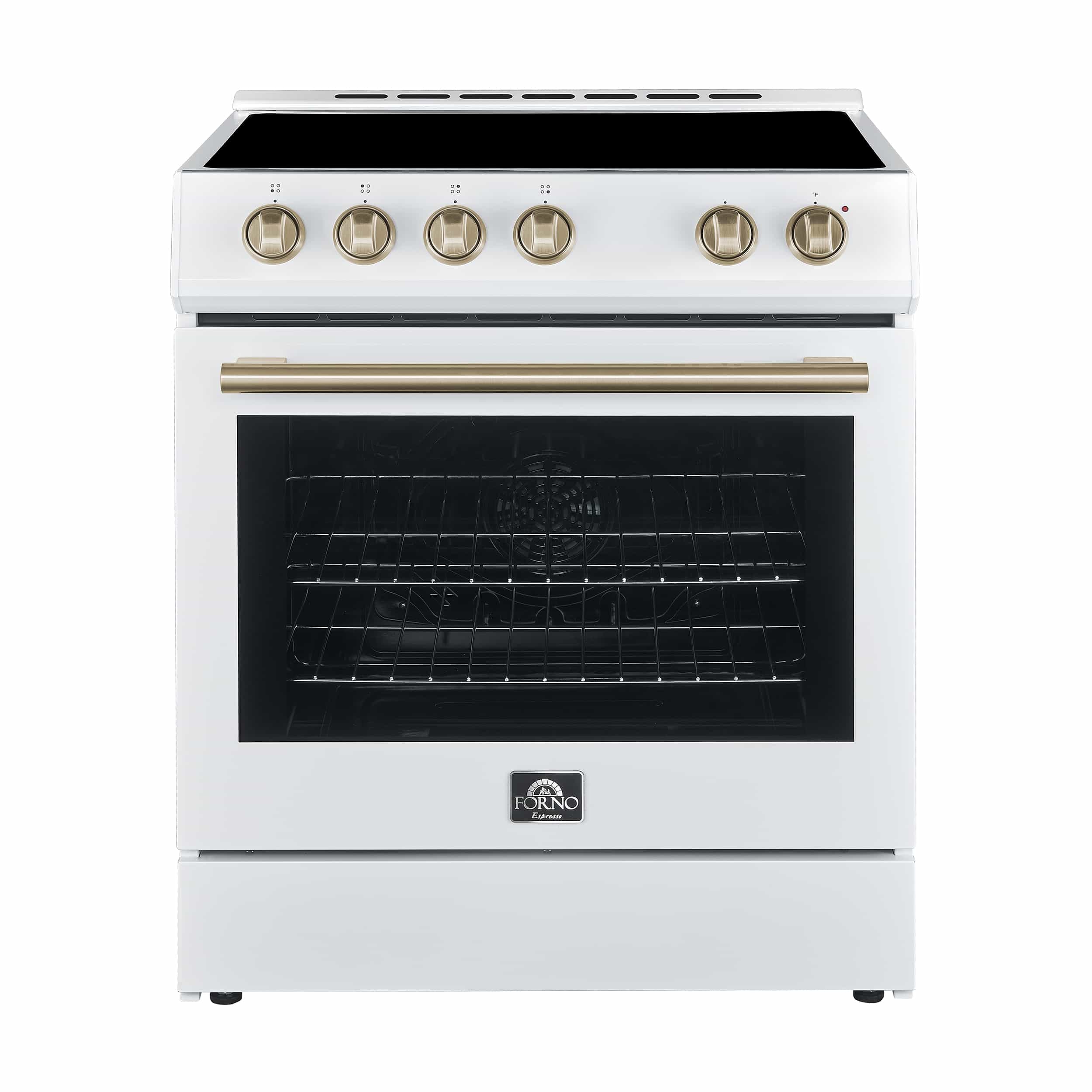 White 30-inch electric range with oven door, control knobs, and brass-trim accents by Forno