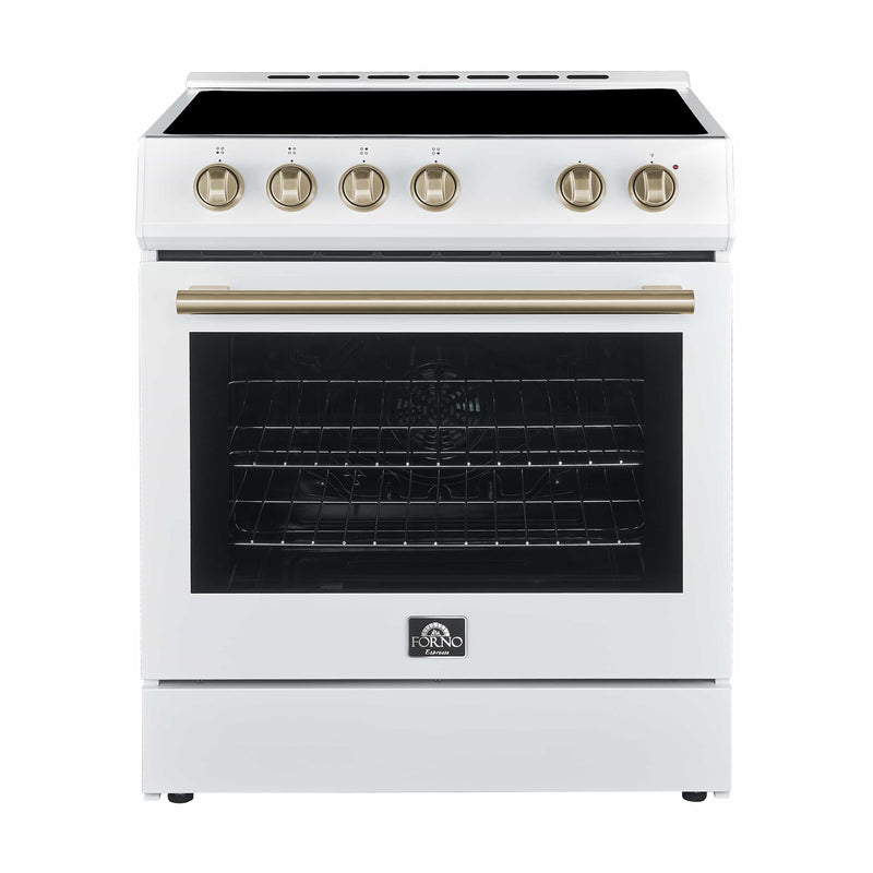 Forno Espresso 4-Piece Appliance Package - 30-Inch Electric Range, Under Cabinet Range Hood, Refrigerator with Water Dispenser and Dishwasher in White with Brass Handle