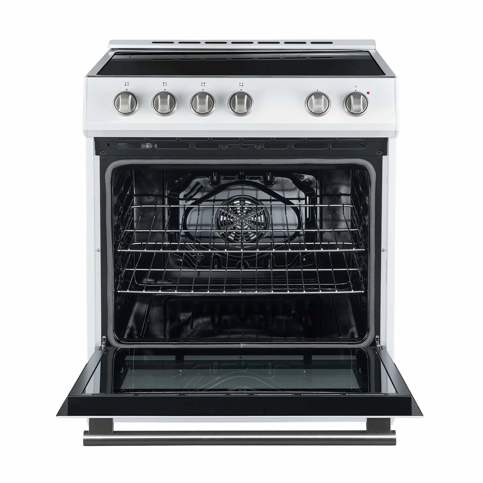 White electric range oven with stainless control knobs and open door showing racks