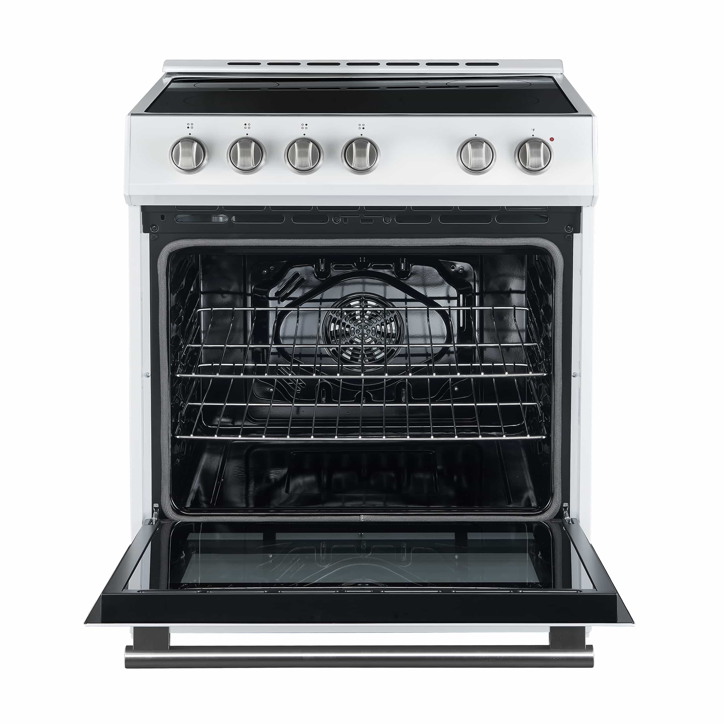 White electric range with oven door open and stainless control knobs, wire racks visible