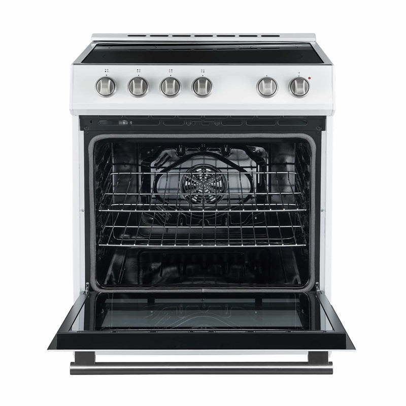 Forno 5-Piece Appliance Package - 30-Inch Electric Range, Under Cabinet Range Hood, Refrigerator with Water Dispenser, Dishwasher, and  Microwave Drawer in White with Antique Brass Trim