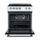 Forno 5-Piece Appliance Package - 30-Inch Electric Range, Under Cabinet Range Hood, French Door Refrigerator, Dishwasher , & Microwave Drawer in White with Antique Brass Trim