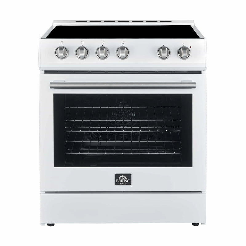 Forno Espresso 3-Piece Appliance Package - 30-Inch Electric Range with 5.0 Cu.Ft. Electric Oven, Built-In Refrigerator, and Under Cabinet Range Hood in White with Stainless Steel Handle