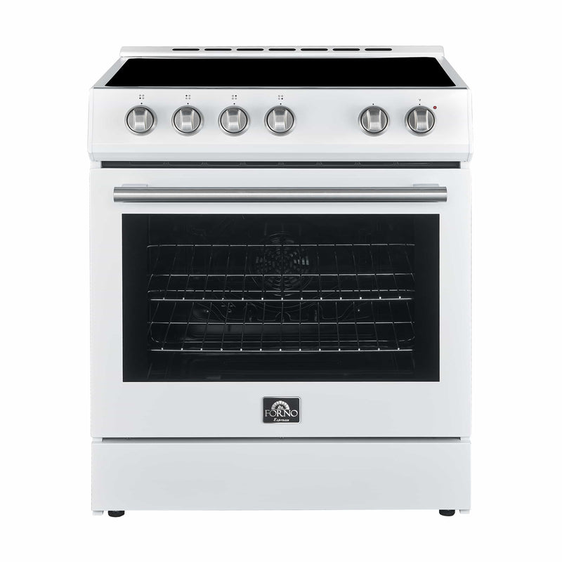 Forno 5-Piece Appliance Package - 30-Inch Electric Range, Under Cabinet Range Hood, Refrigerator with Water Dispenser, Dishwasher, and  30-Inch Microwave Oven in White with Antique Brass Trim