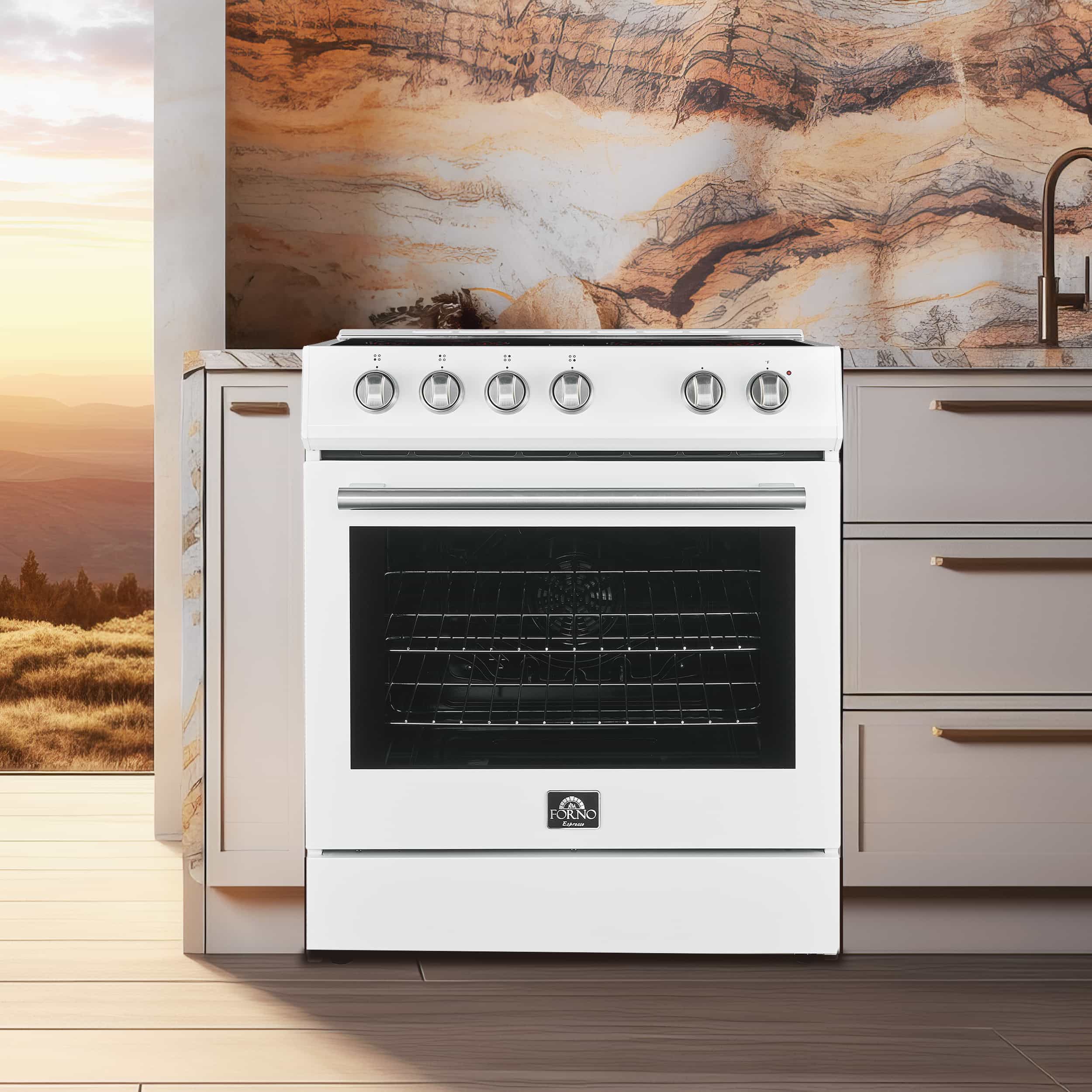 White electric range with oven window and stovetop control knobs, stainless trim