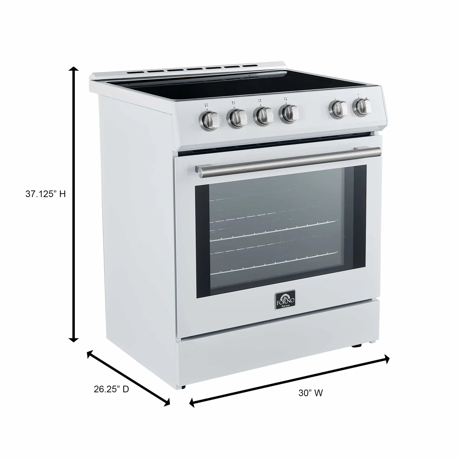 White electric range with stainless trim, five knobs, and size illustration view