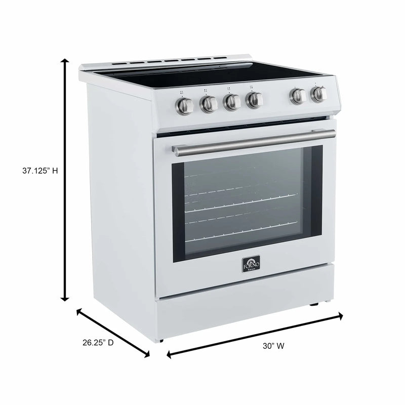 Forno Espresso 3-Piece Appliance Package - 30-Inch Electric Range with 5.0 Cu.Ft. Electric Oven, Built-In Refrigerator, and Under Cabinet Range Hood in White with Stainless Steel Handle