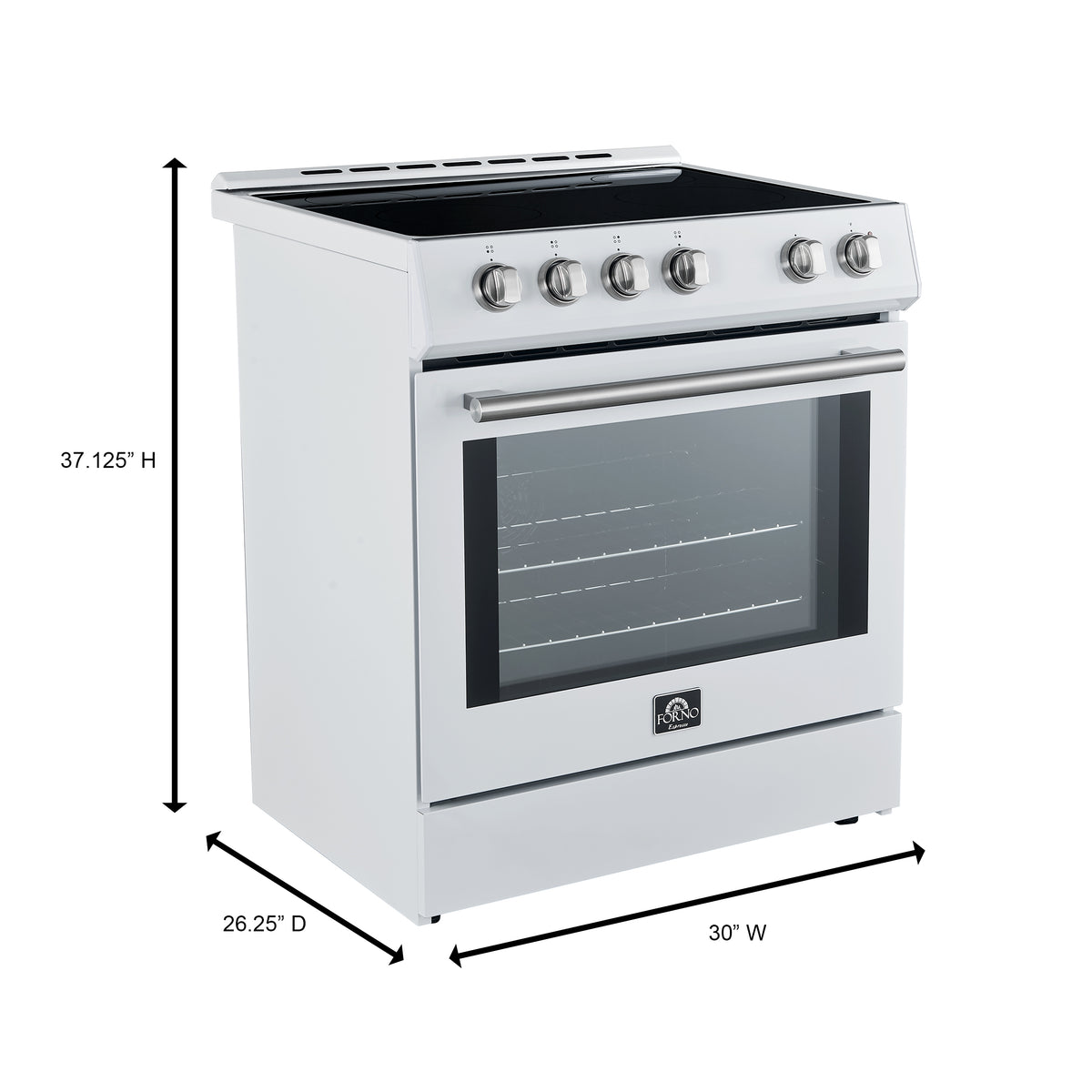 White induction range with height and depth measurement lines