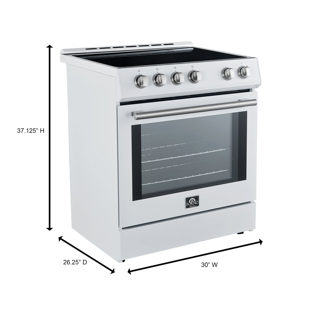 White slide-in induction range with front view and labeled dimensions for width and height