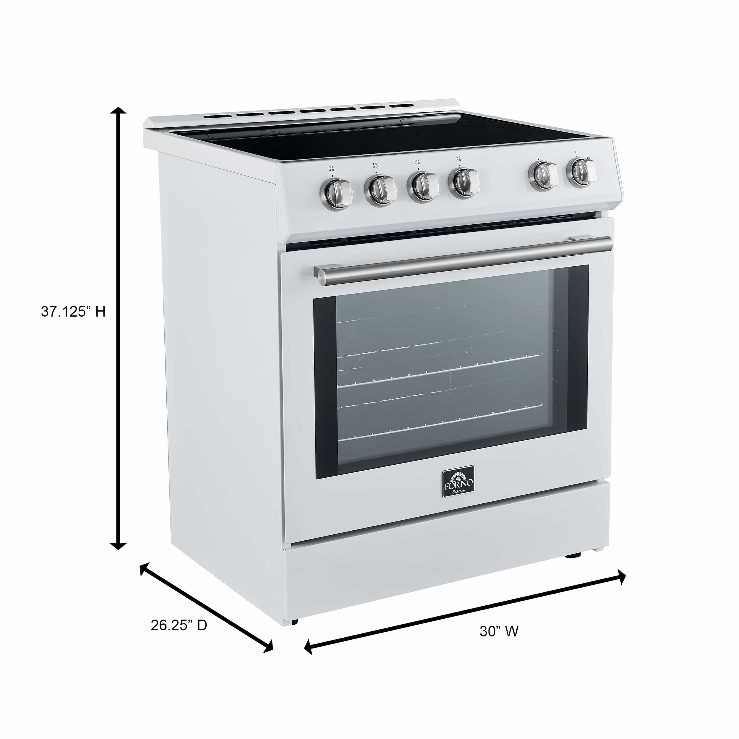 White 30-inch electric range with stainless control knobs and black glass oven door