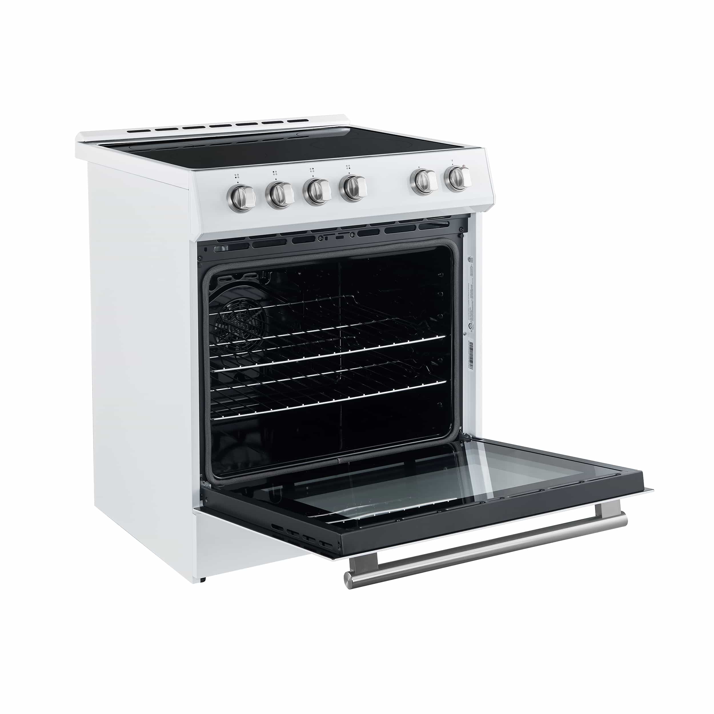 White electric range with oven door open, black interior and slide-out broil tray