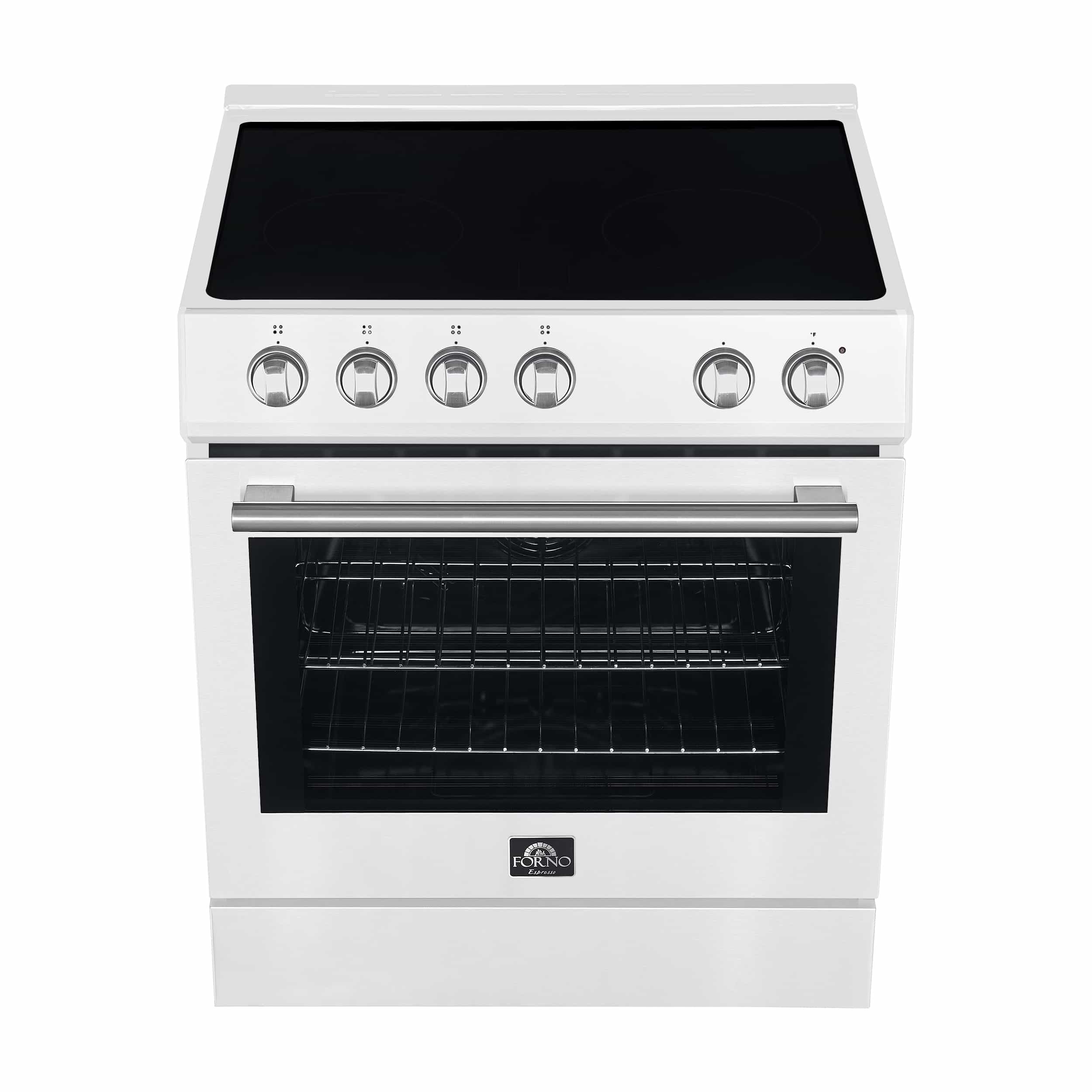 White electric range front view with black glass cooktop and oven door window