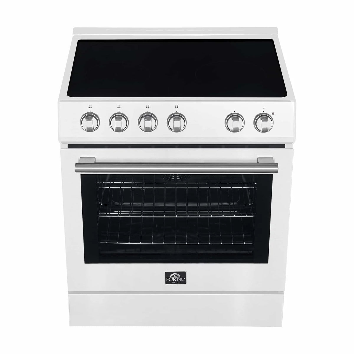 White electric range with brass control knobs and closed oven door
