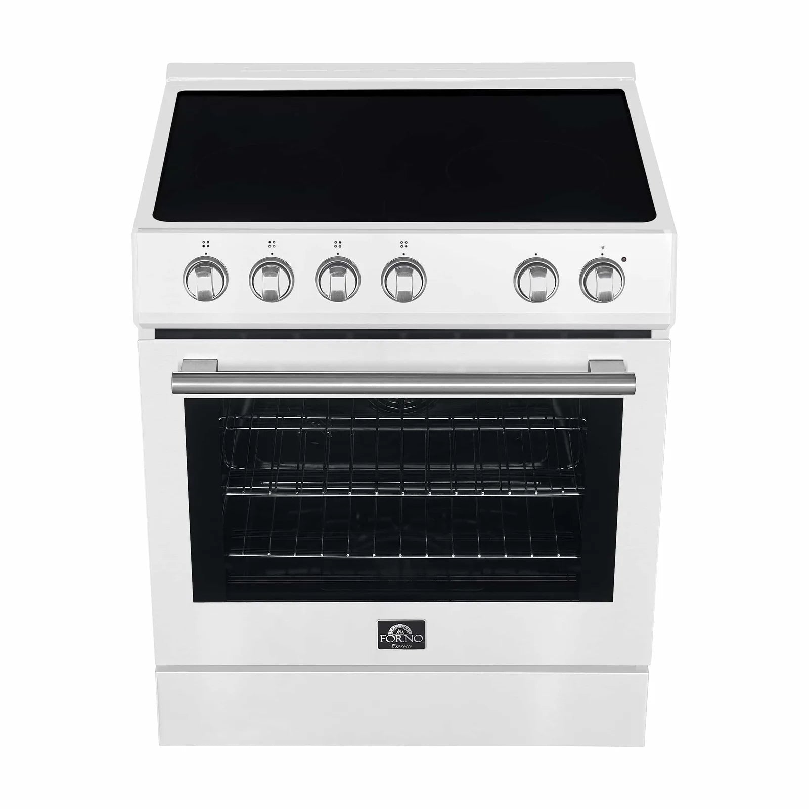 White electric range with black glass cooktop, burner knobs, and closed oven door