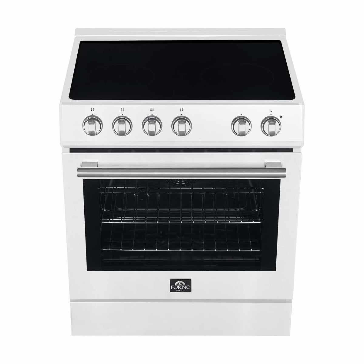 30-inch white electric range with black glass cooktop and stainless oven handle