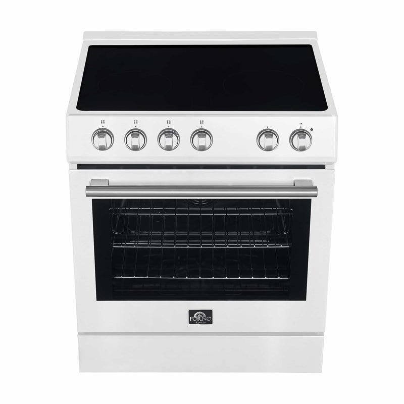 Forno Espresso 4-Piece Appliance Package - 30-Inch Electric Range, Under Cabinet Range Hood, Refrigerator and Dishwasher in White with Brass Handle
