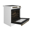 Forno Espresso 3-Piece Appliance Package - 30-Inch Electric Range with 5.0 Cu.Ft. Electric Oven, Built-In Refrigerator, and Under Cabinet Range Hood in White with Antique Brass Trim