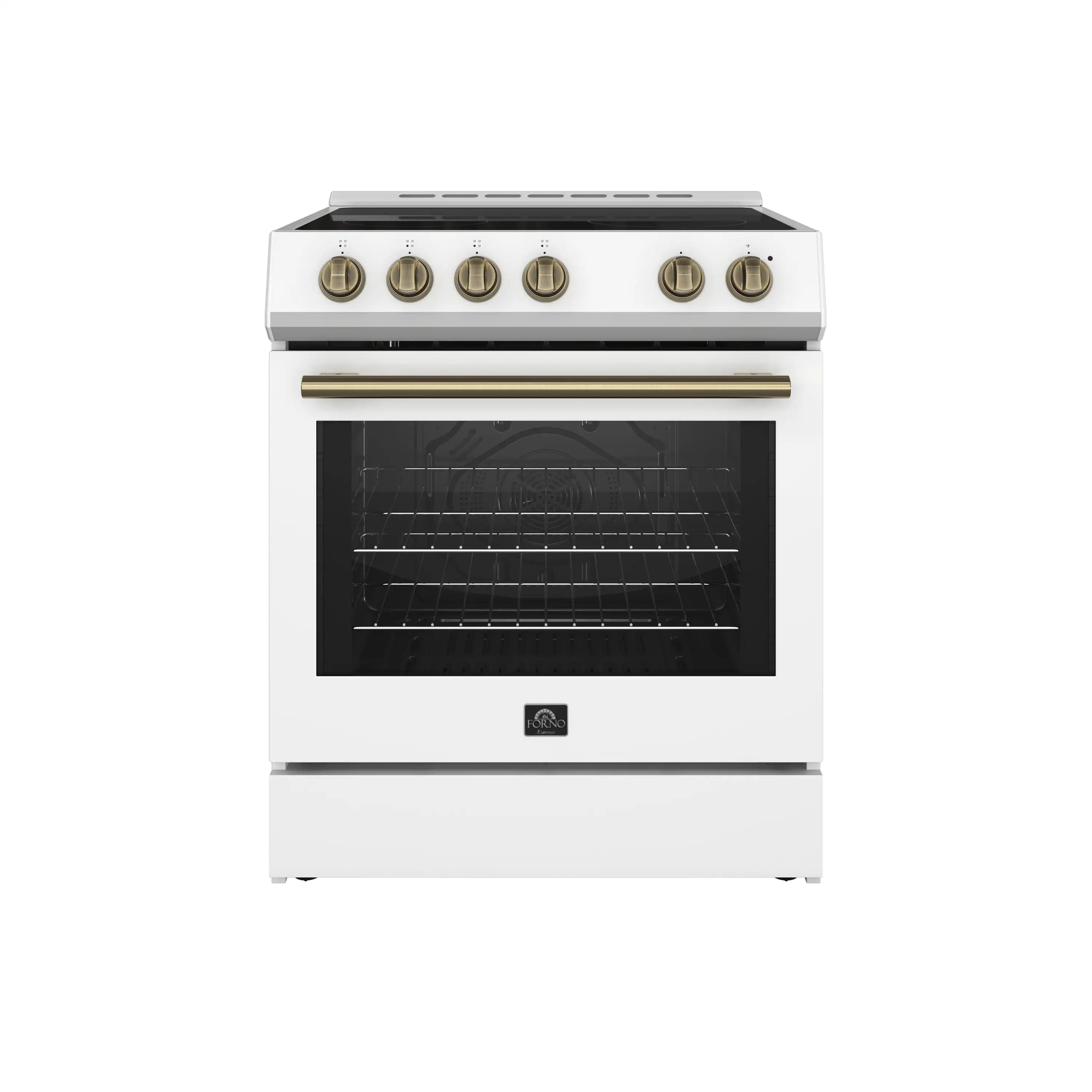 White electric range with brass control knobs and black oven door window