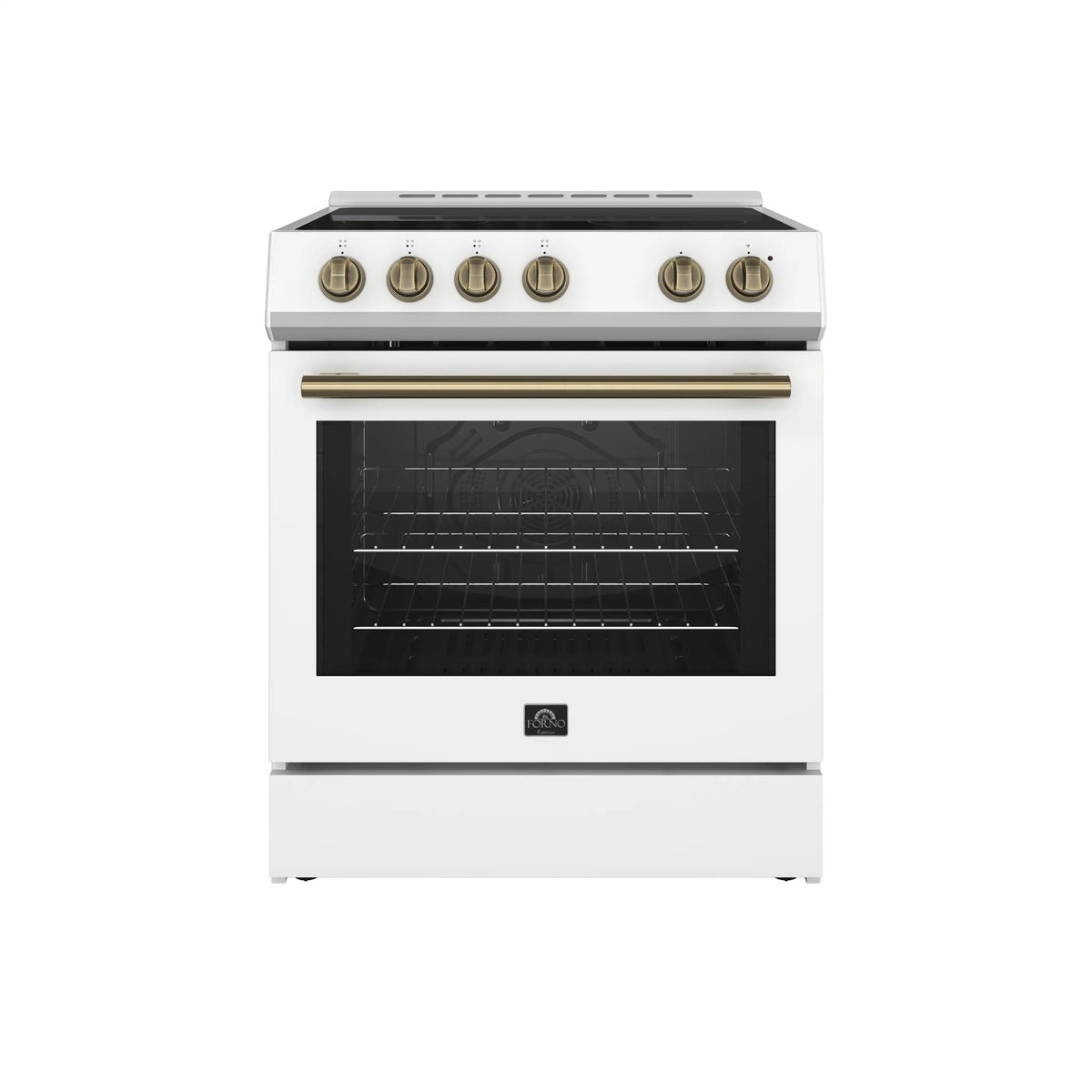 White electric range with glass oven door and antique brass knobs