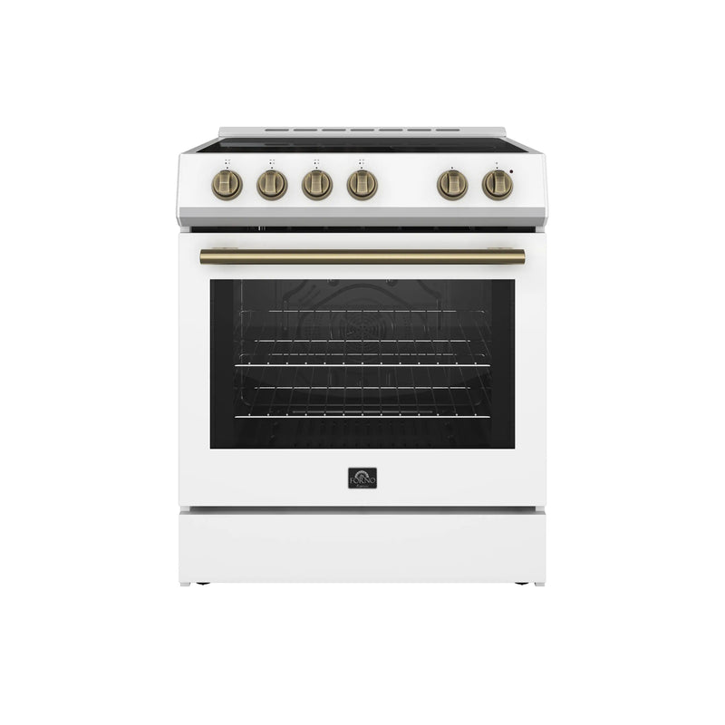 Forno Espresso 4-Piece Appliance Package - 30-Inch Electric Range, Under Cabinet Range Hood, Refrigerator with Water Dispenser and Dishwasher in White with Antique Brass Trim