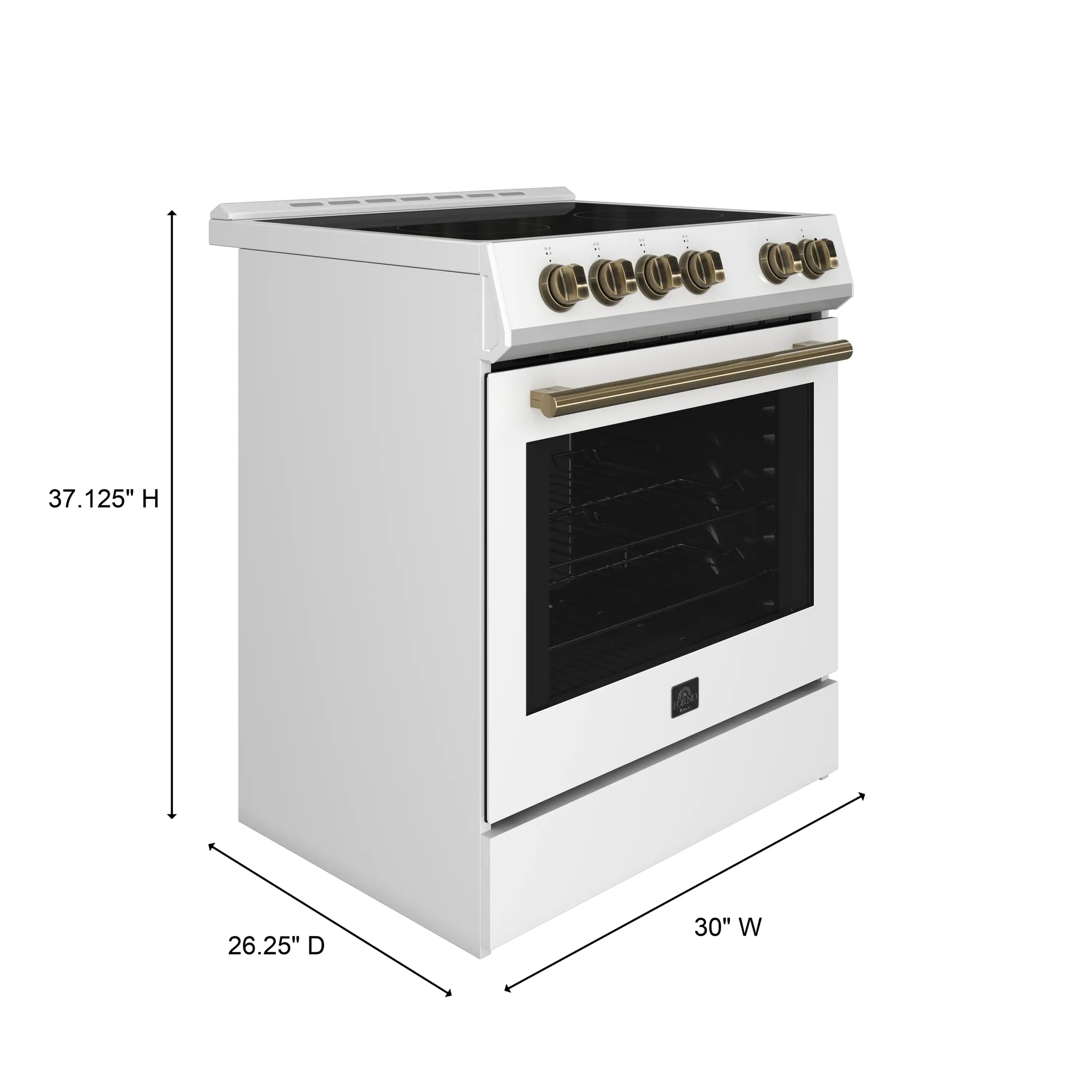 White 30-inch electric range with gold control knobs and oven door