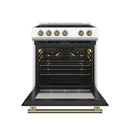 Forno Espresso 3-Piece Appliance Package - 30-Inch Electric Range with 5.0 Cu.Ft. Electric Oven, Built-In Refrigerator, and Under Cabinet Range Hood in White with Antique Brass Trim