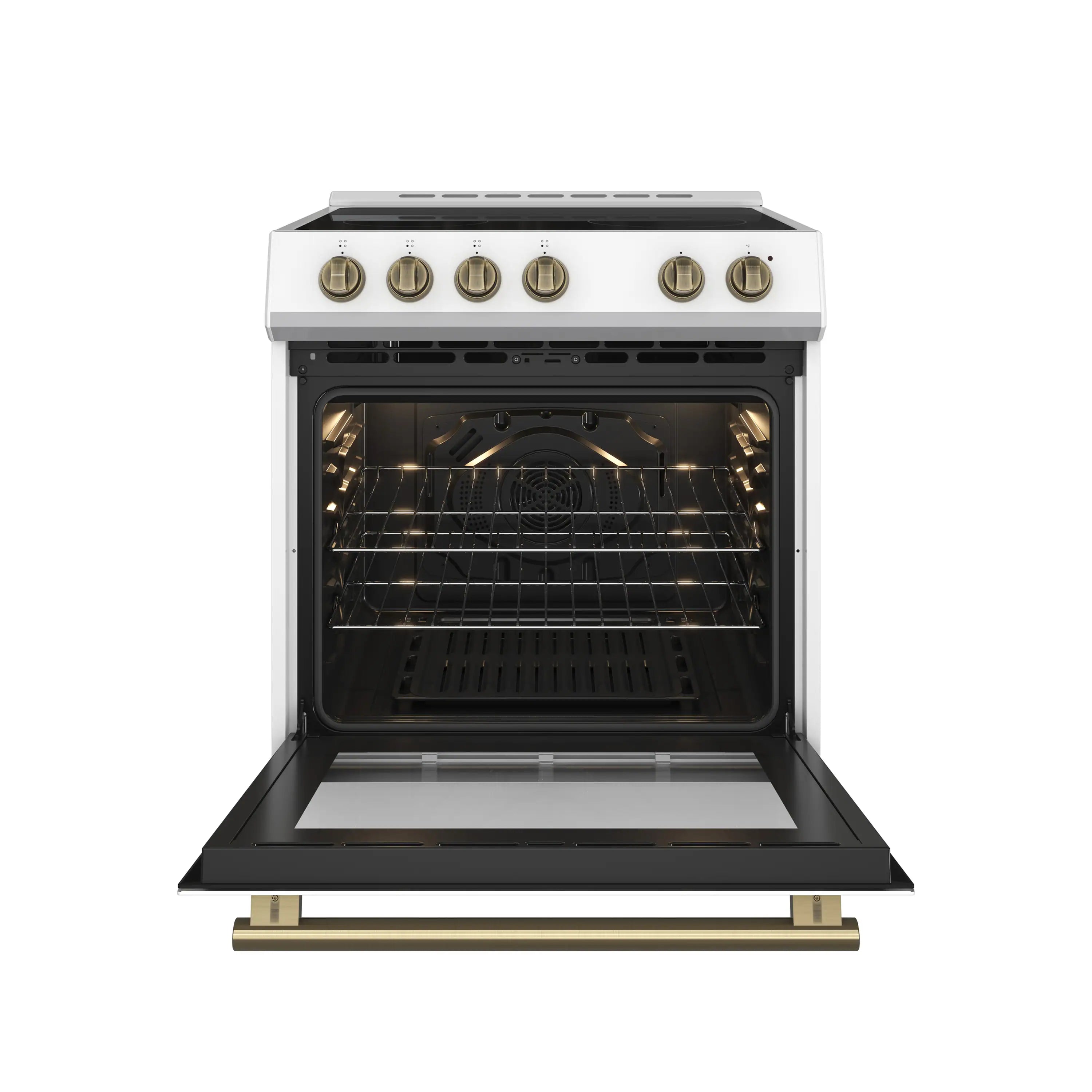 Electric oven with open door showing lit interior racks and circular fan