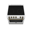 Forno Espresso 3-Piece Appliance Package - 30-Inch Electric Range with 5.0 Cu.Ft. Electric Oven, Built-In Refrigerator, and Under Cabinet Range Hood in White with Antique Brass Trim