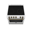 Forno 4-Piece Appliance Package - 30-Inch Espresso Electric Range , Wall Mount Range Hood, 60-Inch Built-In Convertible Refrigerator, and Dishwasher in White with Antique Brass Handle