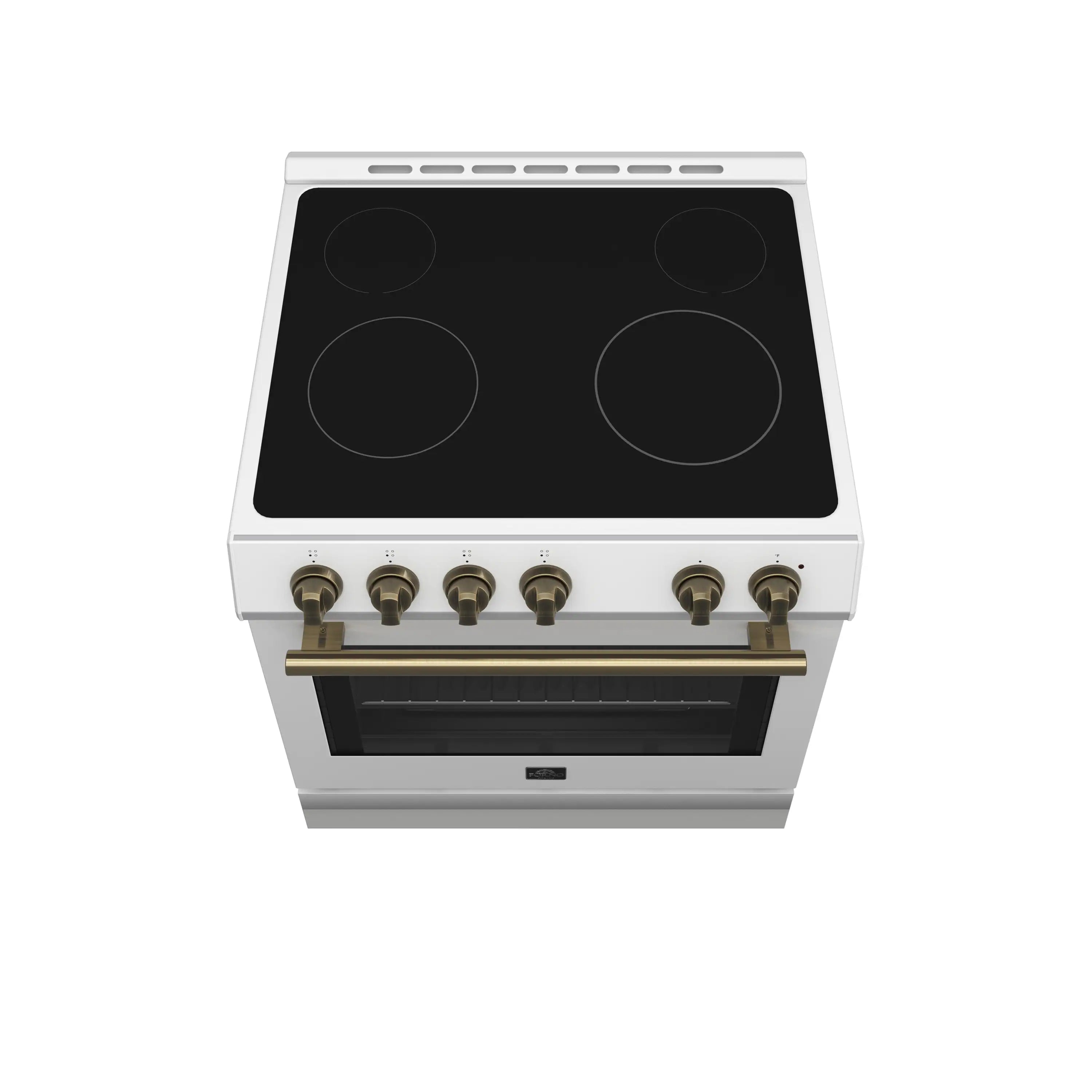 White electric range cooktop with five burner circles and brass knob row