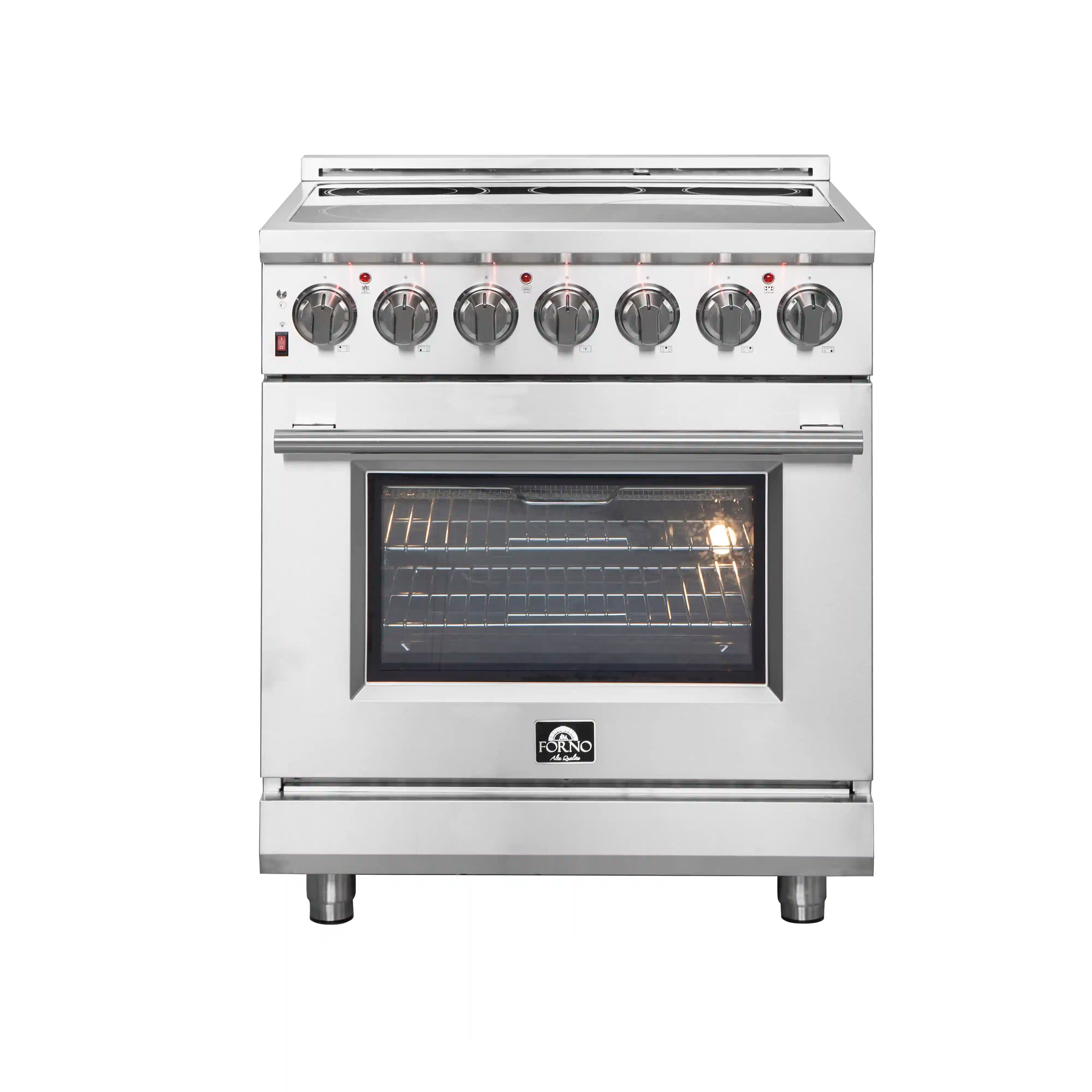 Stainless steel 30-inch electric range with glass oven door window and control knobs