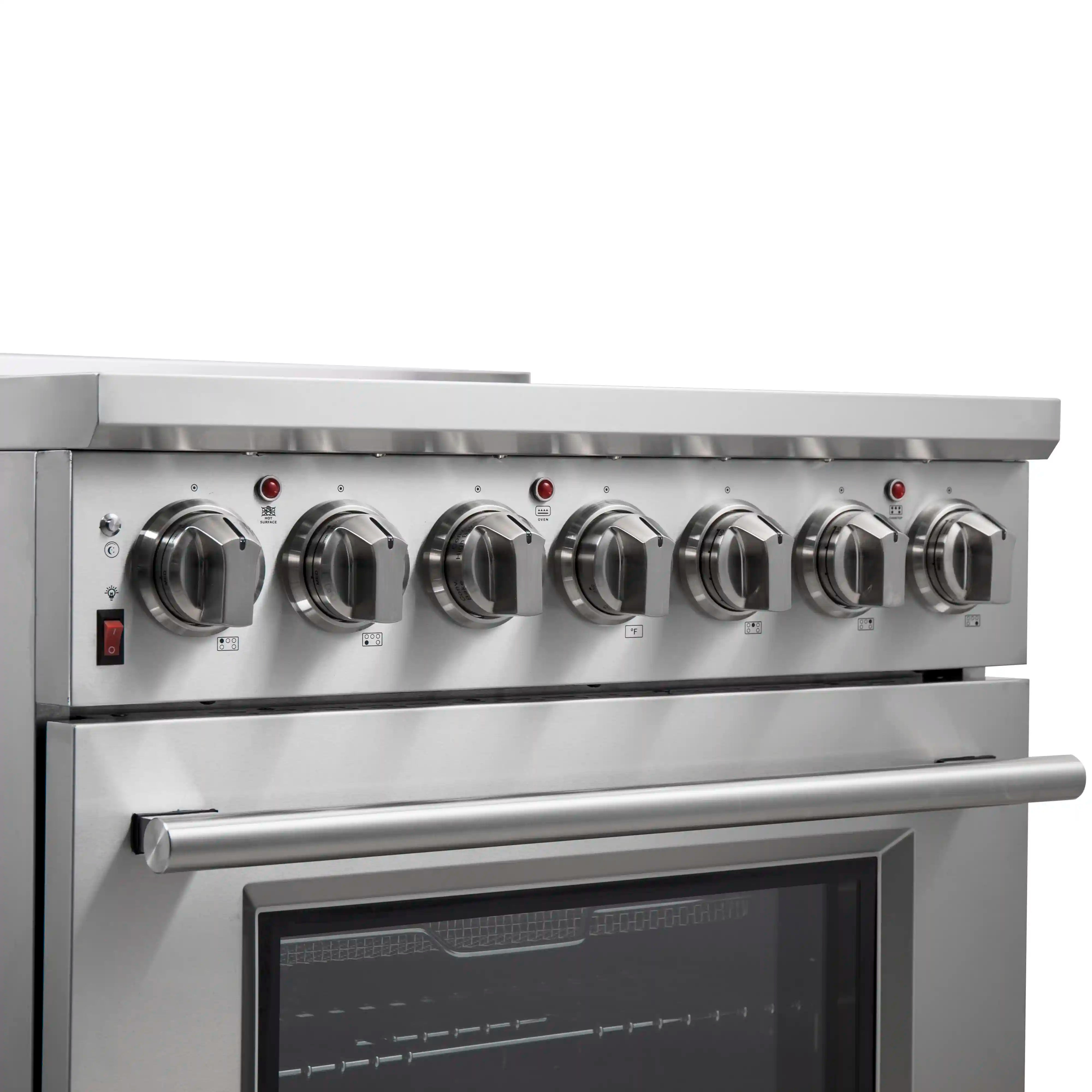Stainless electric range with six coil burners and front control knobs