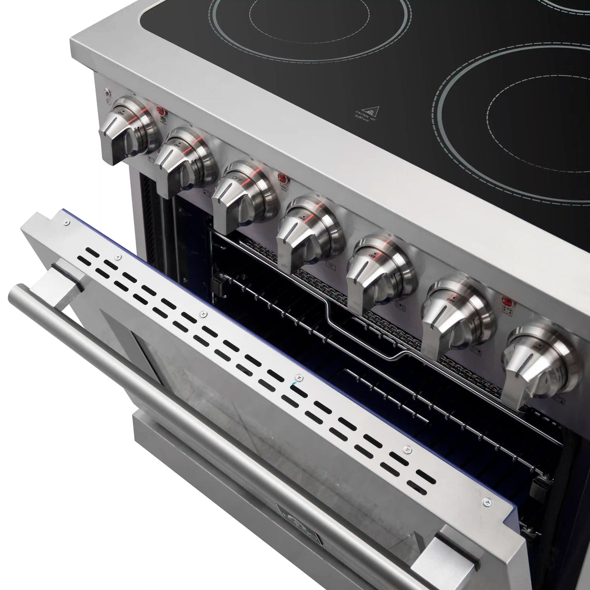 Stainless steel cooktop control panel with multiple knobs above open oven