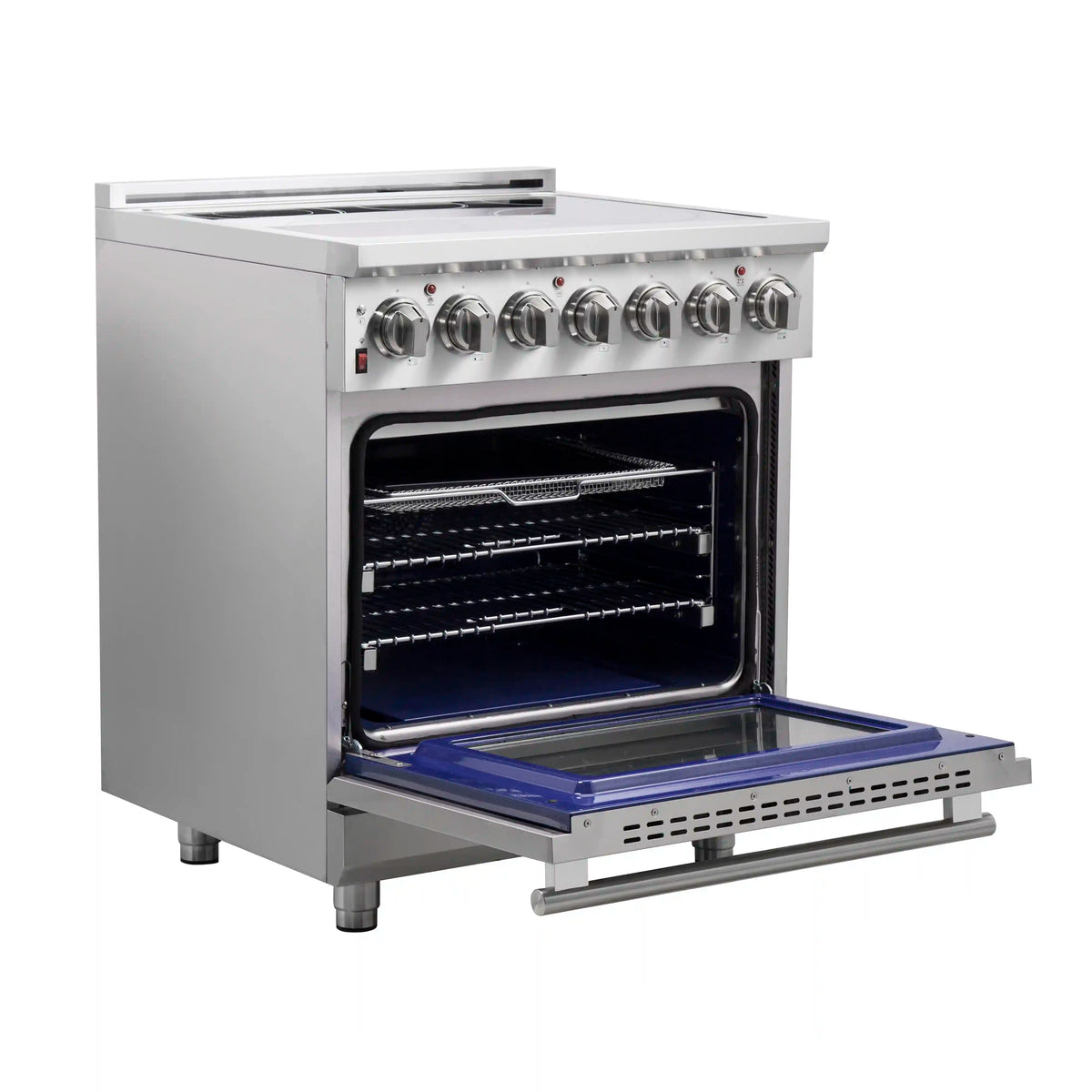 Stainless steel electric range with open oven door and broiler drawer extended