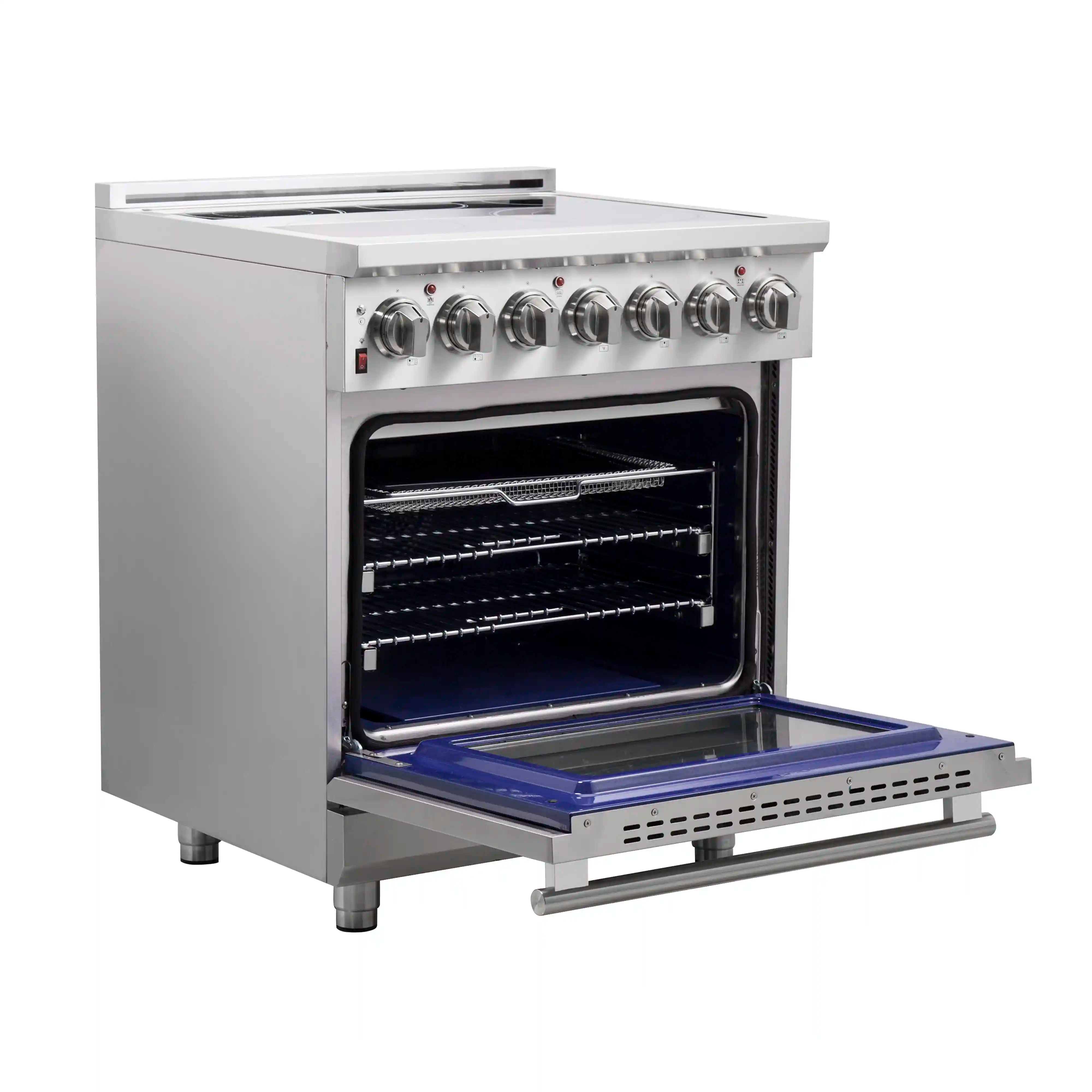 Stainless steel electric range with open oven door and visible racks