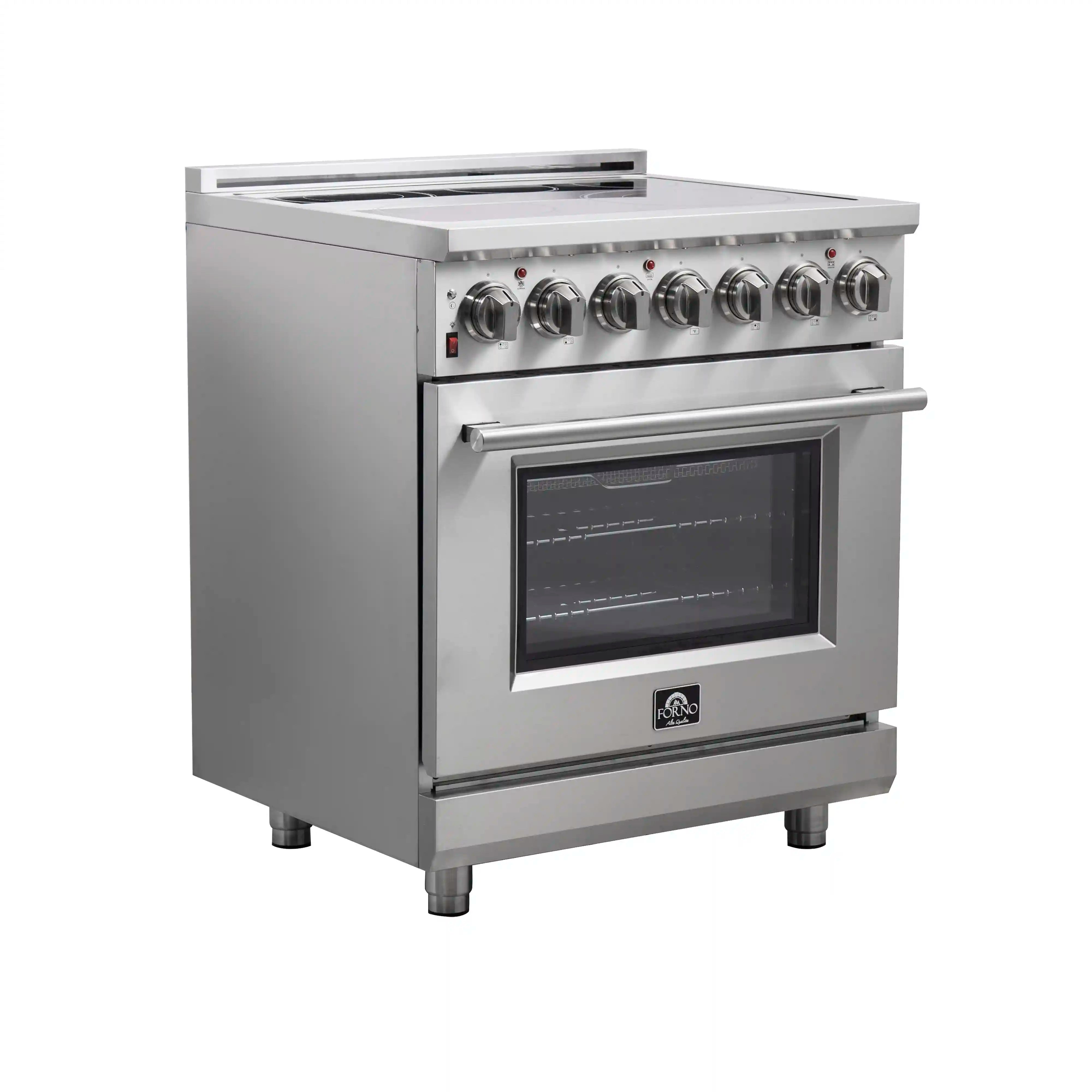 Stainless steel electric range side view with control knobs and oven door