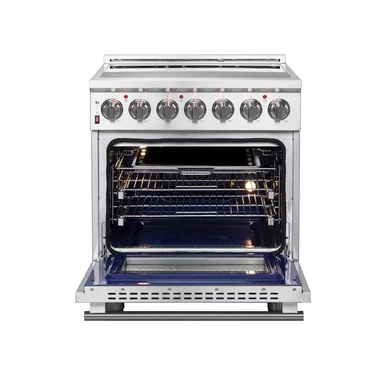 Stainless steel electric range with open oven door and wire cooking racks inside