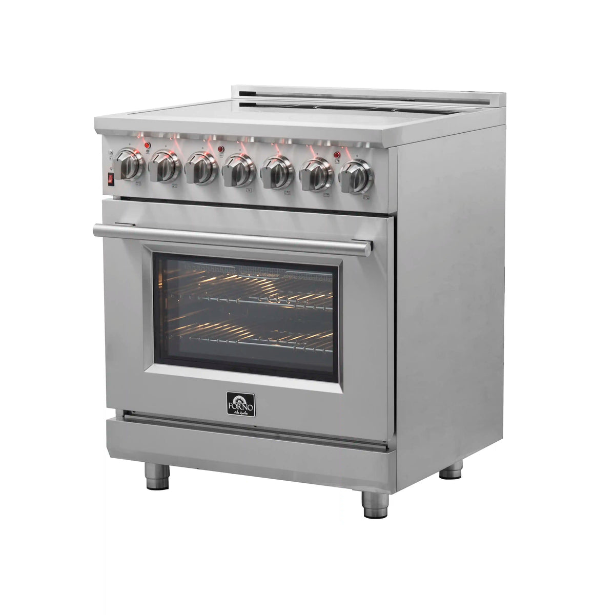 Stainless steel 30-inch electric range with control knobs and oven door open
