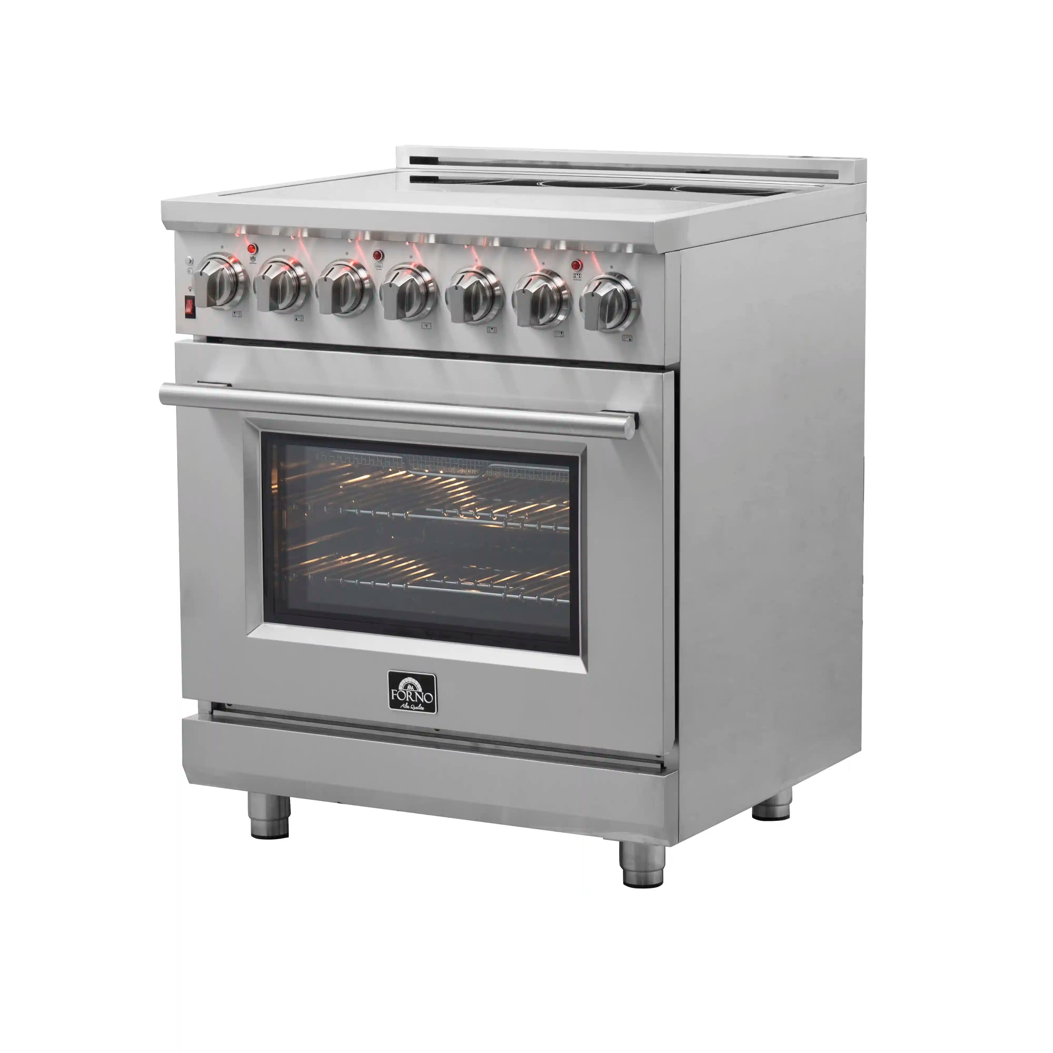Stainless steel electric range front with control knobs and oven door