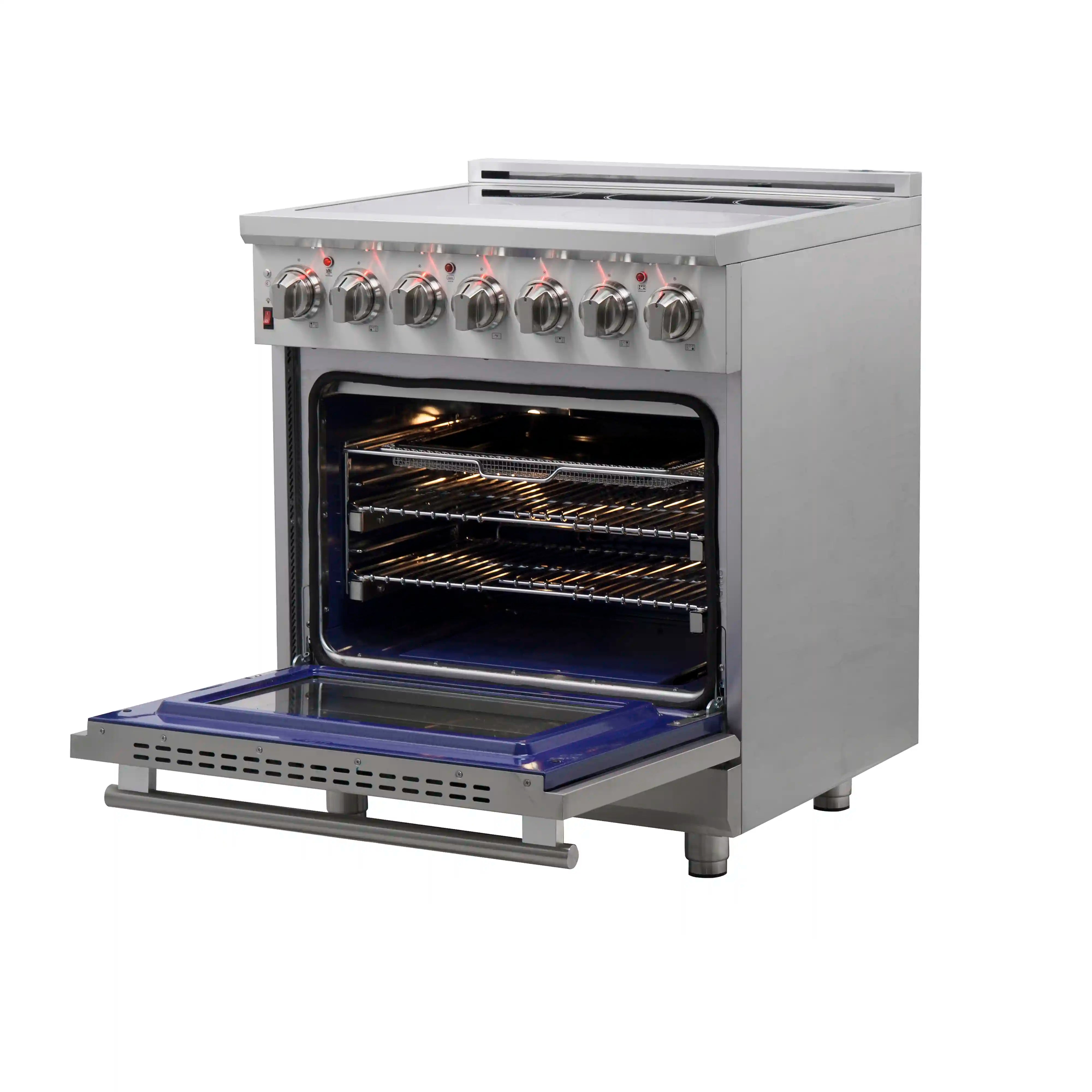 Stainless steel electric range with oven door open and lit heating elements