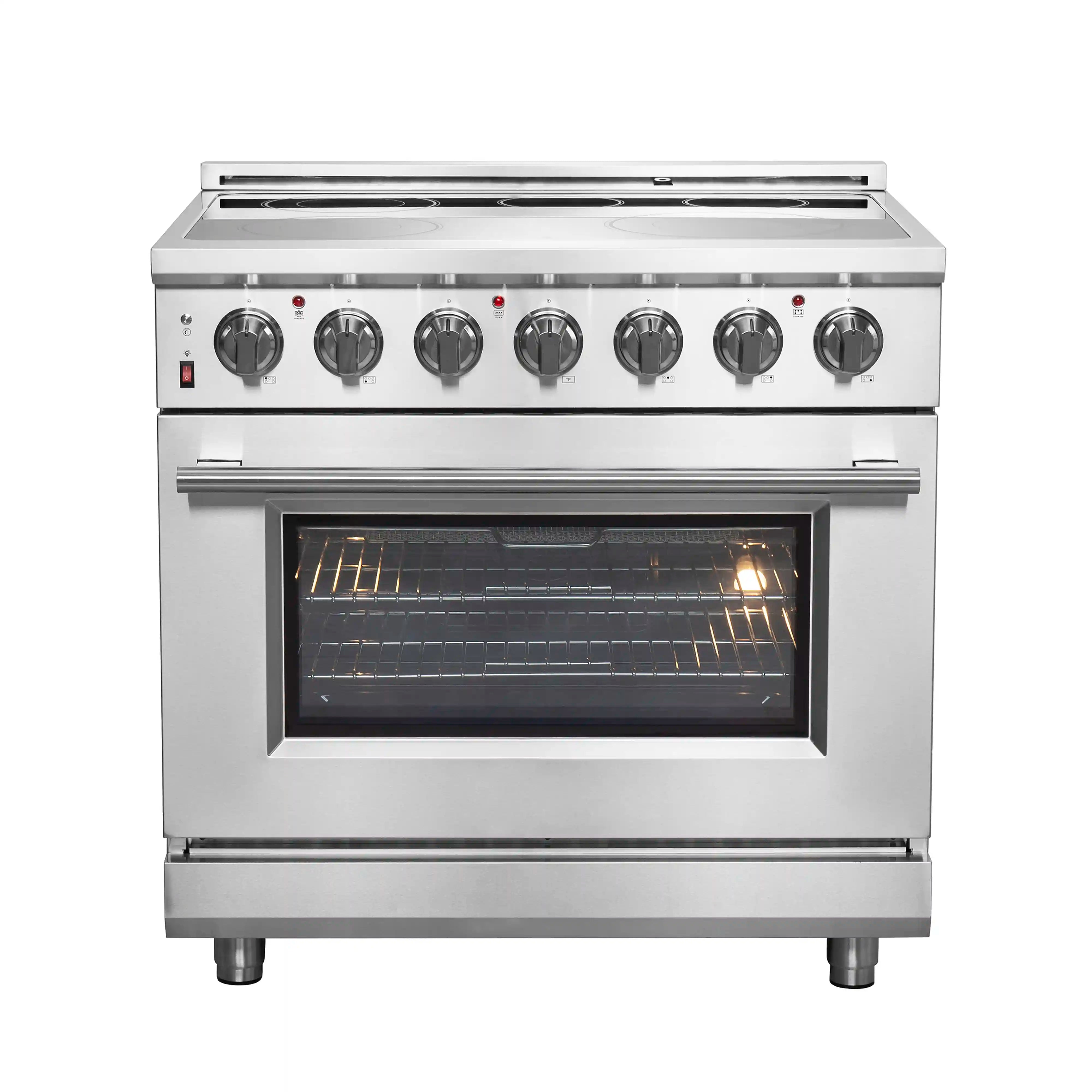 Stainless steel 36-inch electric range with glass oven door and front control knobs