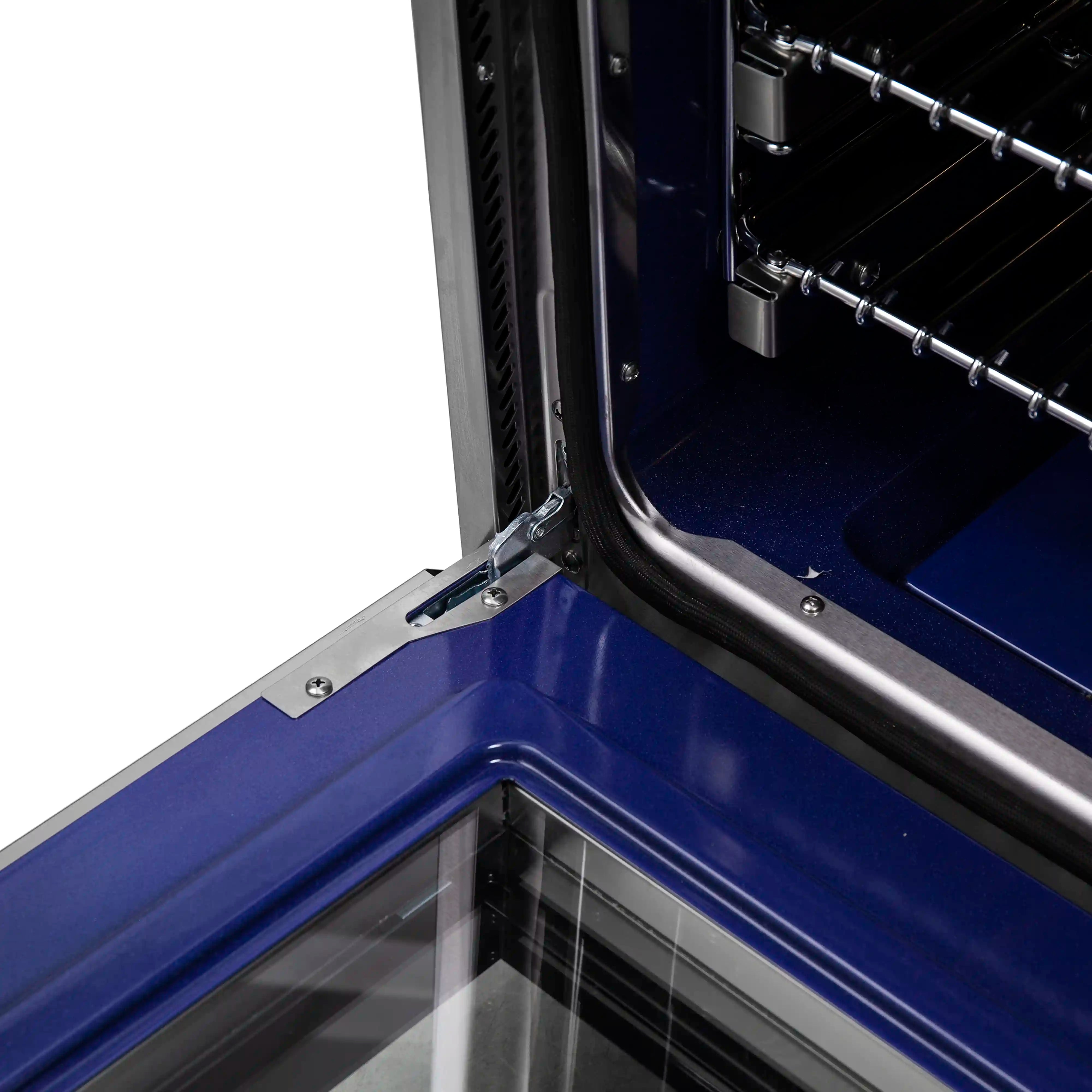 Electric range oven door opening with stainless steel frame and blue interior back