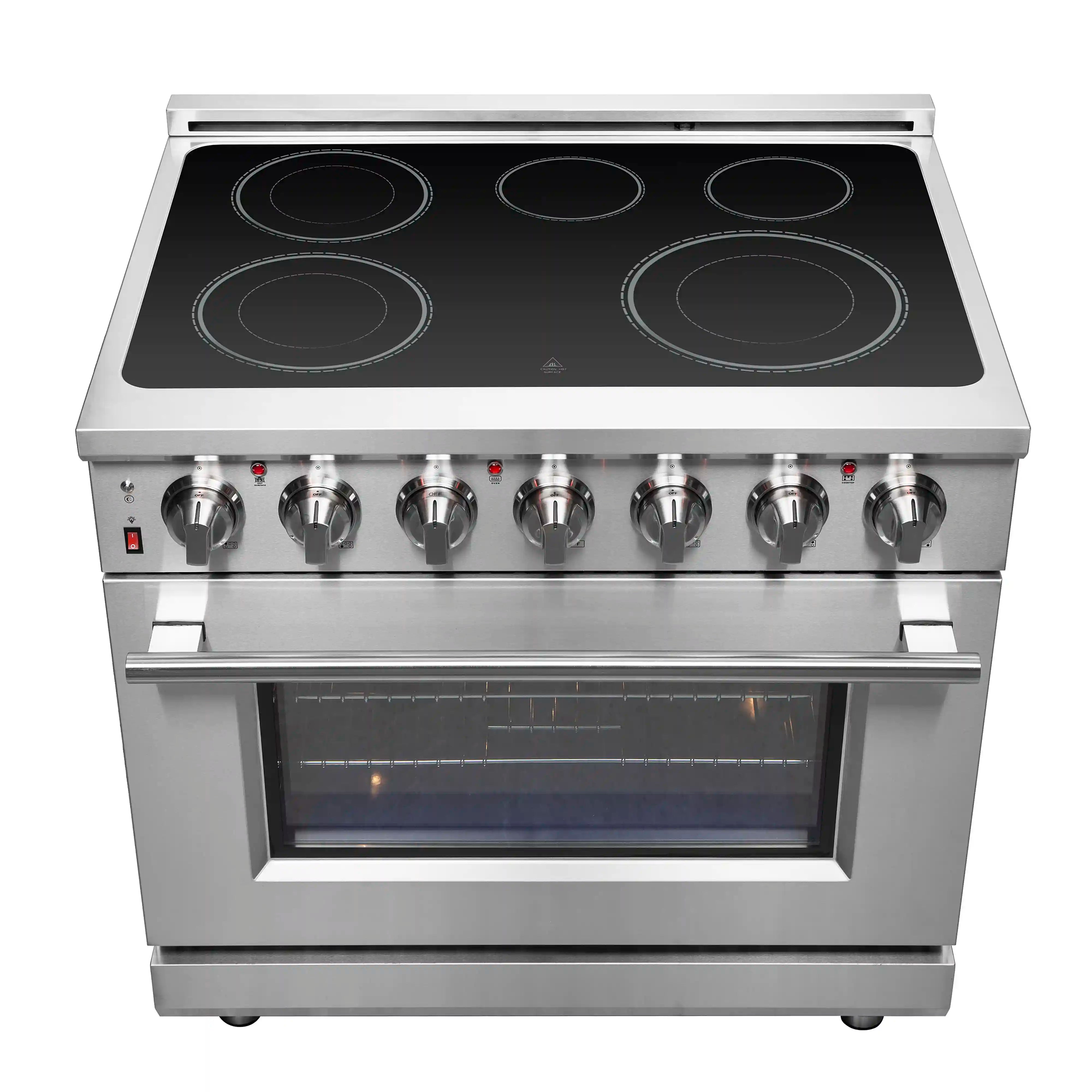 Stainless steel electric range with black glass cooktop and five smooth-top burners