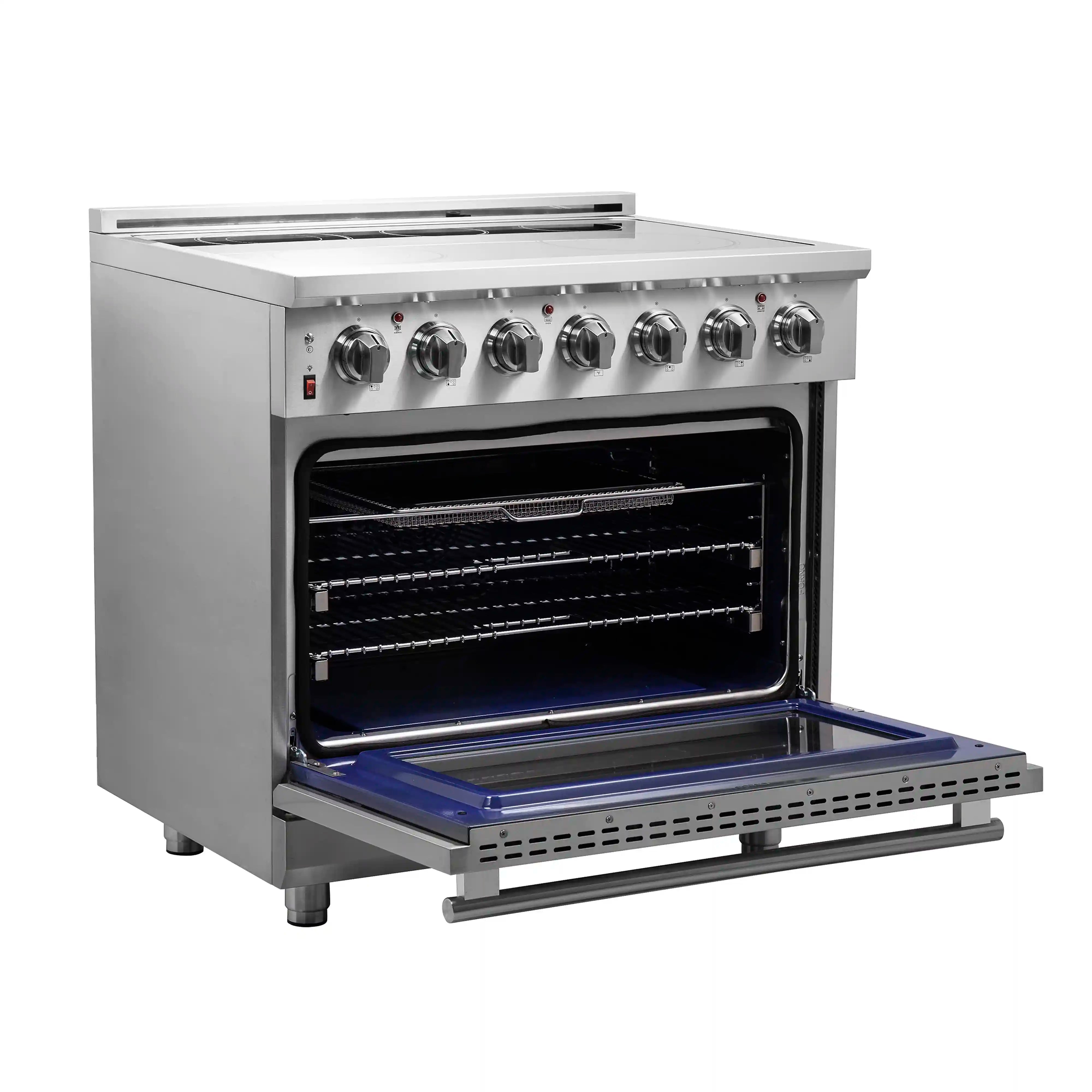 Stainless steel electric range with oven door open and blue broiler pan with rack